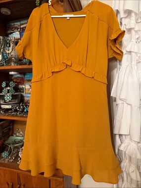 Ruffle-Trim V-Neck Mini Dress in Mustard
